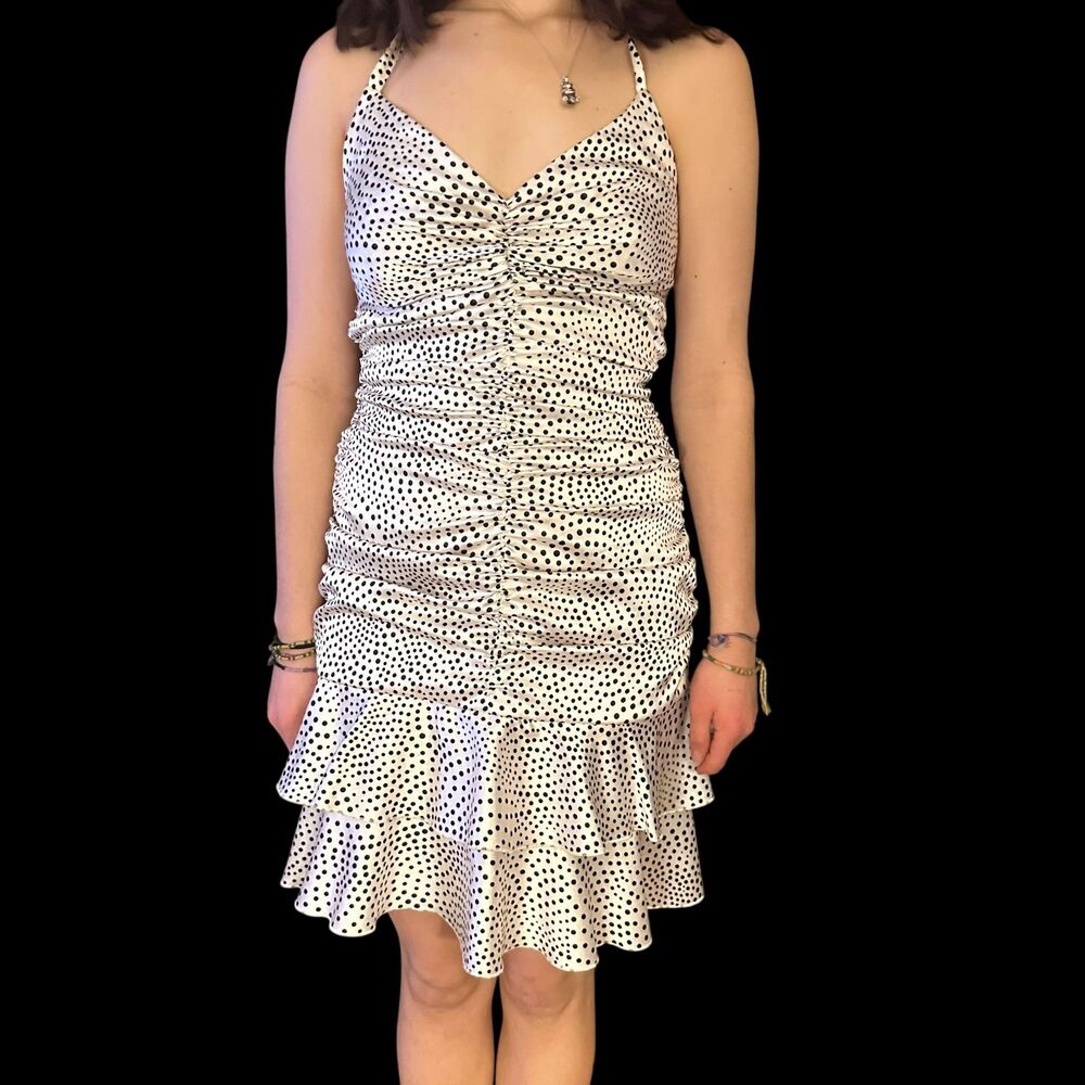 Jessica McClintock lack White‎ Polka Dot Satin Ruched Tie Back Mini Dress Y2K 6